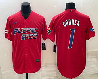 Mens Puerto Rico Baseball #1 Carlos Correa 2023 Red World Baseball Classic Stitched Jerseys